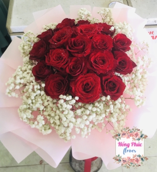 Bó tròn 20 hoa Hồng đỏ Ecuador kết hợp baby trắng tuyệt đẹp cho ngày 20.10