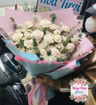 BÓ HỒNG KEM KẾT HỢP CÙNG BABY TRẮNG VÀ LÁ ĐÔLA TUYỆT ĐẸP CHO MỌI DỊP LỄ, SINH NHẬT