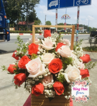 Giỏ hoa Hồng đỏ phối Hồng kem và baby cùng lá đuôi chồn cực kỳ sang trọng khu vực Bình Dương