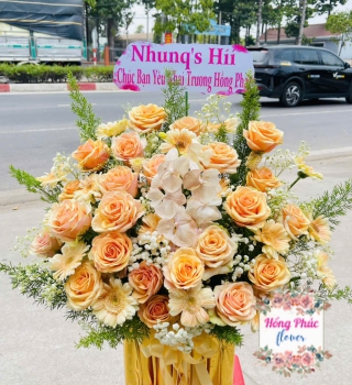 Giỏ hoa hồng cam khai trương
