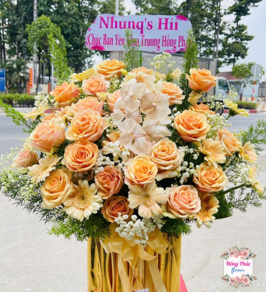 Giỏ hoa hồng cam khai trương
